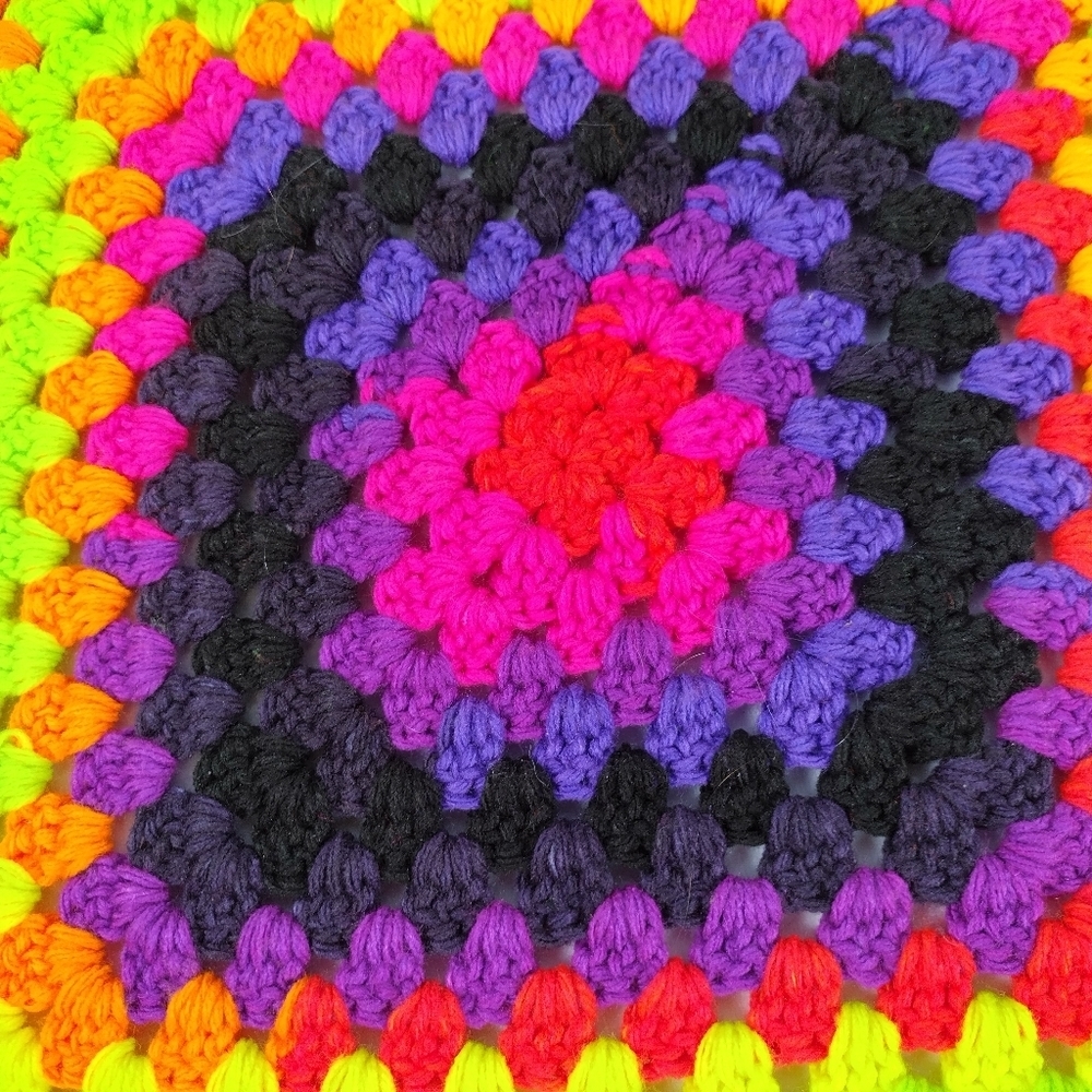 Colorful Afghan Crochet Lap Blanket Handmade 25” Square Funkadelic Granny - Picture 3 of 10